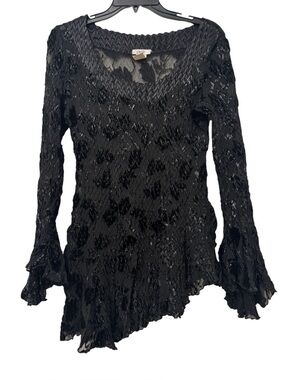 Cache Vintage Y2K Black Textured Ruffle-Hem Long Sleeve Top